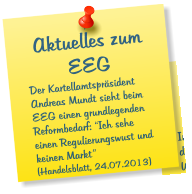 Aktuelles zum EEG Der Kartellamtspräsident Andreas Mundt sieht beim EEG einen grundlegenden Reformbedarf: “Ich sehe einen Regulierungswust und keinen Markt” (Handelsblatt, 24.07.2013)